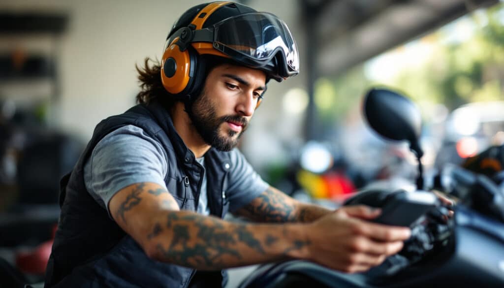 hombre en moto ajustando detalles con casco y guantes en un entorno urbano