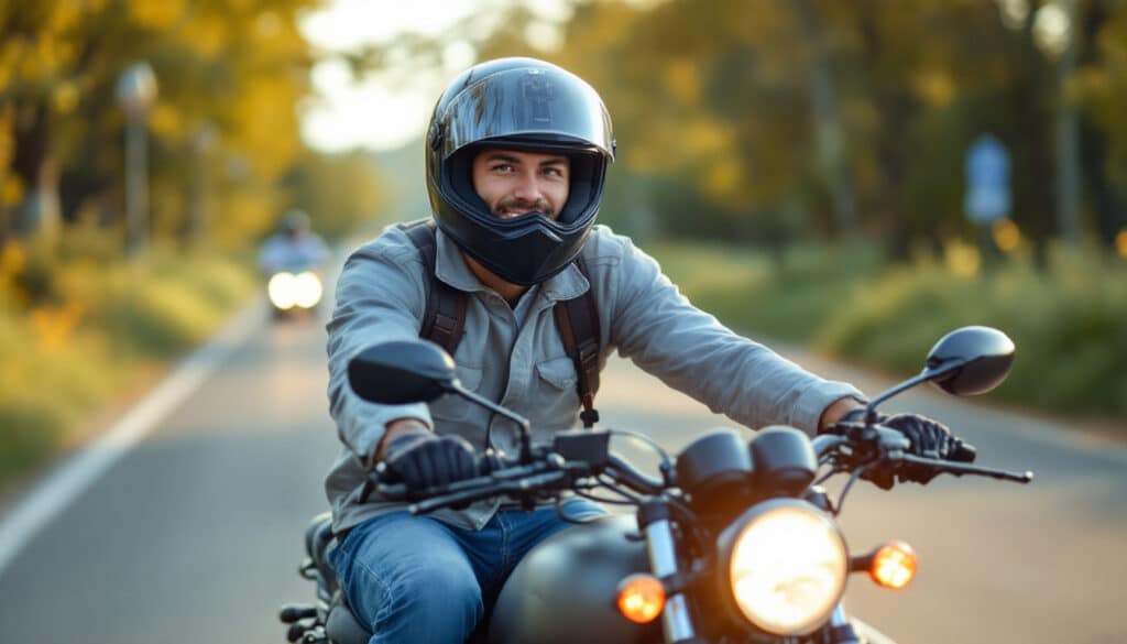 motociclista con casco conduciendo en una carretera soleada