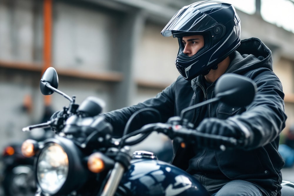 motociclista con casco negro preparandose para conducir en un taller de motos