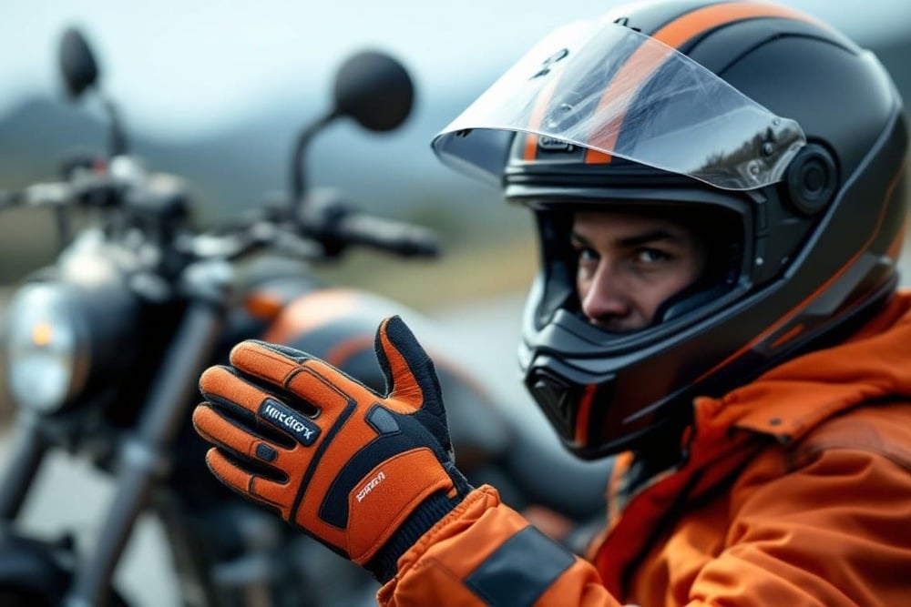 motociclista ajustando guantes naranja junto a su moto en zona montanosa
