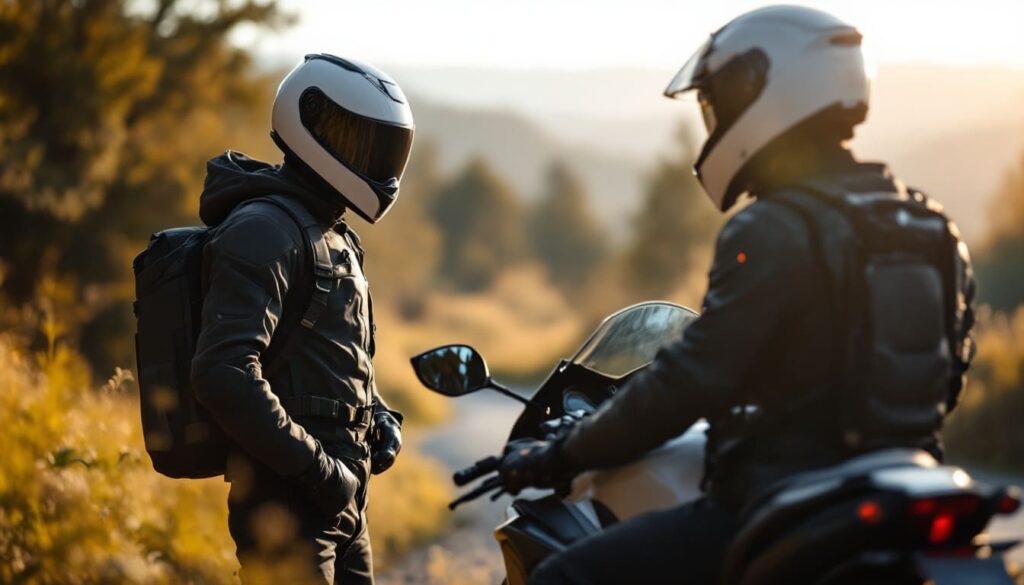 motociclistas con cascos negros interactuando en carretera al atardecer