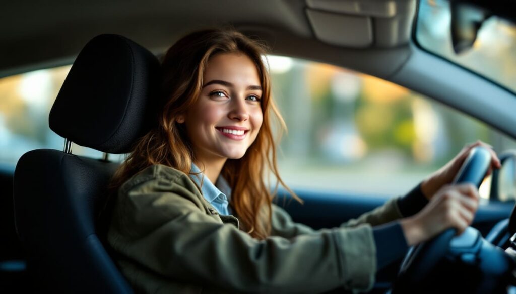 mujer joven sonrie conduciendo coche seguro